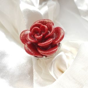 Bright Red Glitter Rose Ring